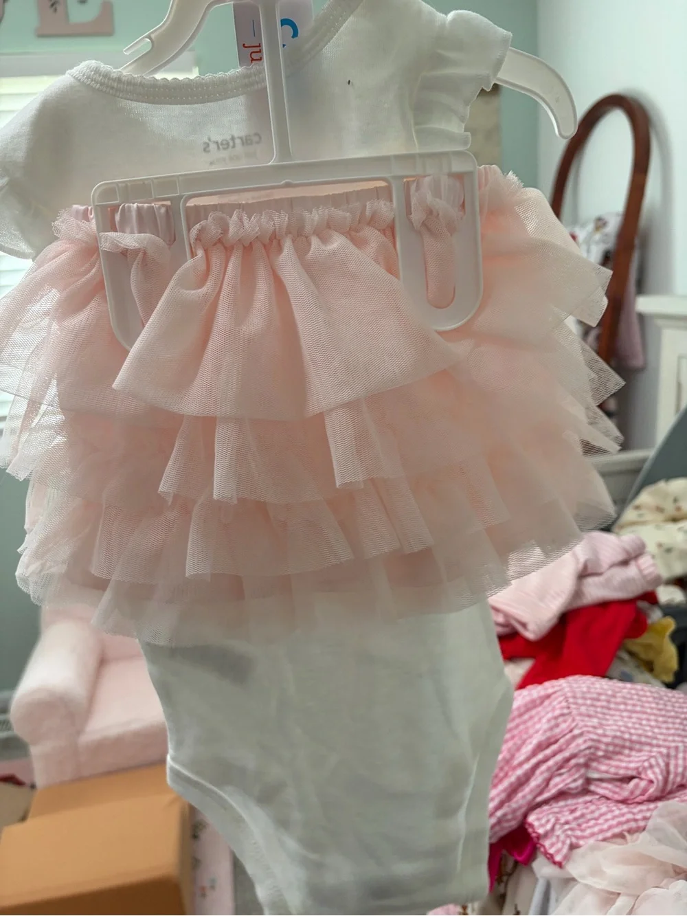 Carter's White Onesie with Pink Tulle Ruffle Sleeves and Pastel Bunny Print